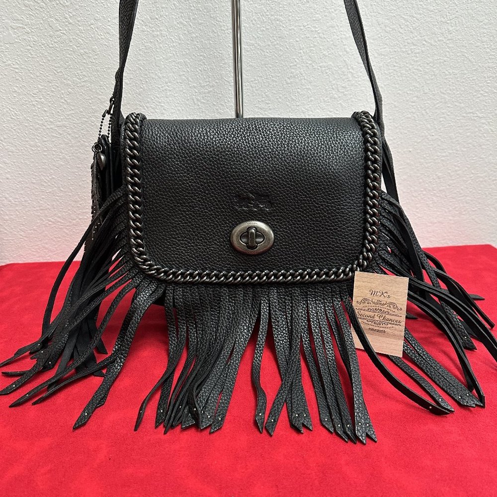 Coach Dakota Small Fringe Flap 33939 Crossbody Black Whiplash Leather - $725 EUC